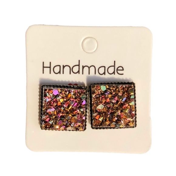 Copper Magenta Chunky Druzy Square Bronze Earrings - Picture 6 of 11